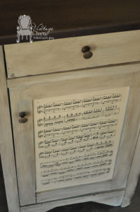 Decoupaged music sheet cabinet by Vintage Charm Restored